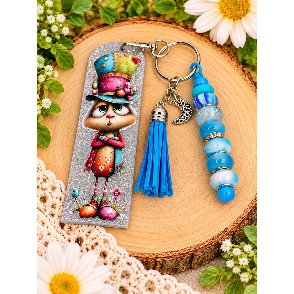 Mad Hatter Rabbit Keychain Glitter Acrylic Bag Charm Blue Tassel Moon Bead 5